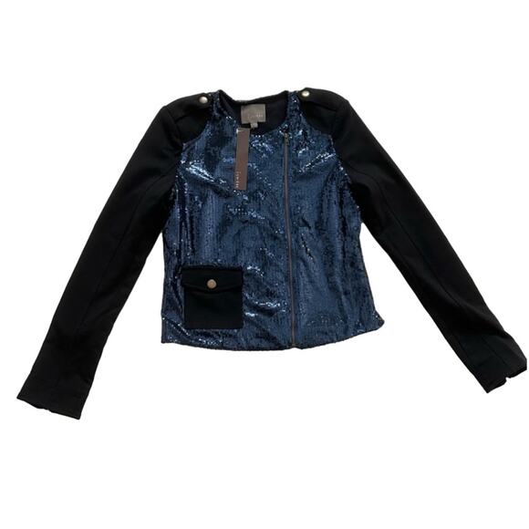 Lumiere Jacket Blazer Coat Black Blue Sequins Zip Cropped Party Small NEW - Picture 16 of 16